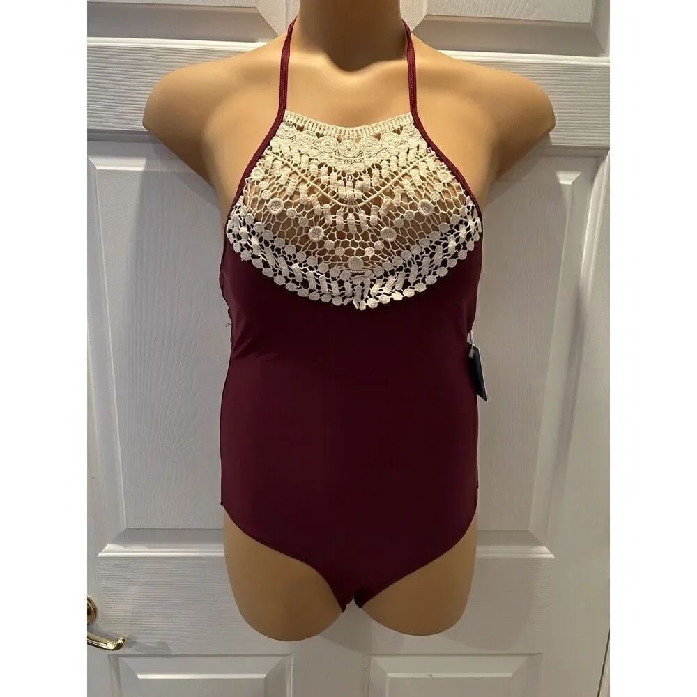 Cupshe Merlot Wine Burgundy Oxblood One Piece Boho CrochetβNecklineβMacrame